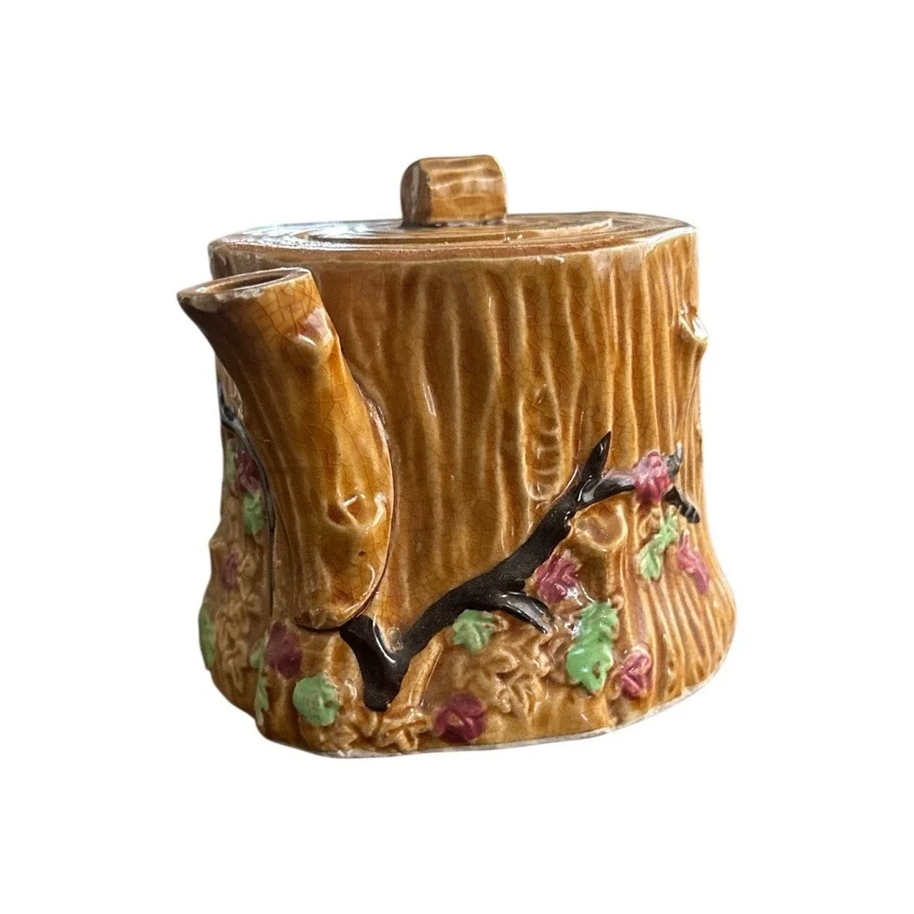 Vintage Majolica‎ Style Tree Bark Design Tea Pot Branches Leaves Blossoms Japan